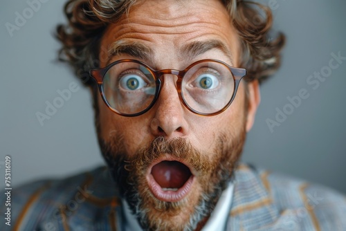 A man with round glasses and curly hair showing a shocked expression on his face photo