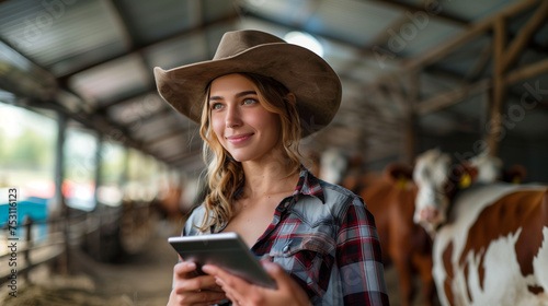 Smart Farming: A young dairy farmer uses a tablet device in a shed, integrating technology into cattle farming.