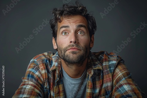 A young man with a surprised expression and tousled hair looks up with a questioning gaze