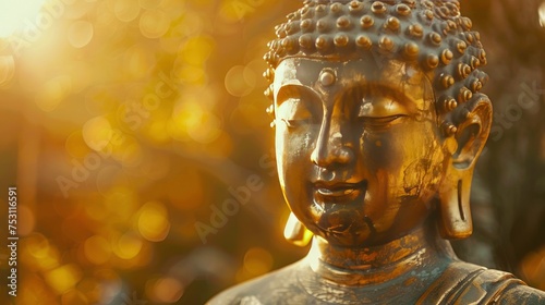 On a sunny day, the sun shines on the golden Buddha statue, backlight, mona lisa style, UHD, hyper quality, copy space - generative ai © Nia™