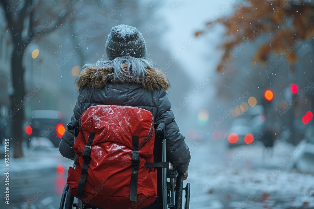Depicts a back view of a person in a wheelchair, dressed warmly against a snowy city street backdrop