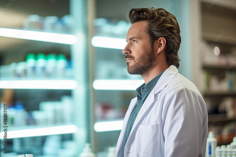 Fototapeta premium Smiling cheerful confident pharmacist in drugstore store shop Generative AI