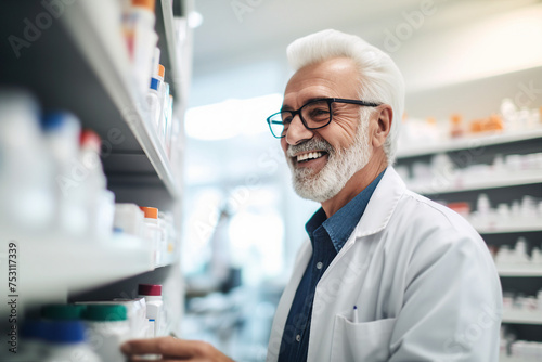 Smiling cheerful confident pharmacist in drugstore store shop Generative AI