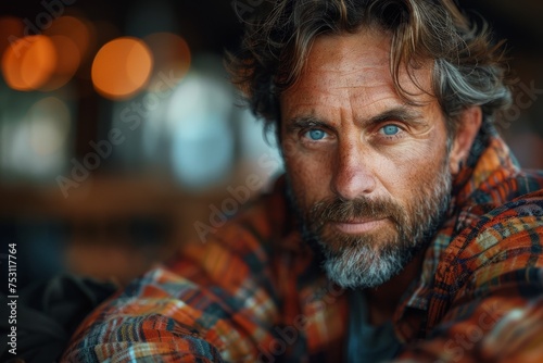 A rugged man with disheveled hair and sharp blue eyes radiates intensity and depth photo