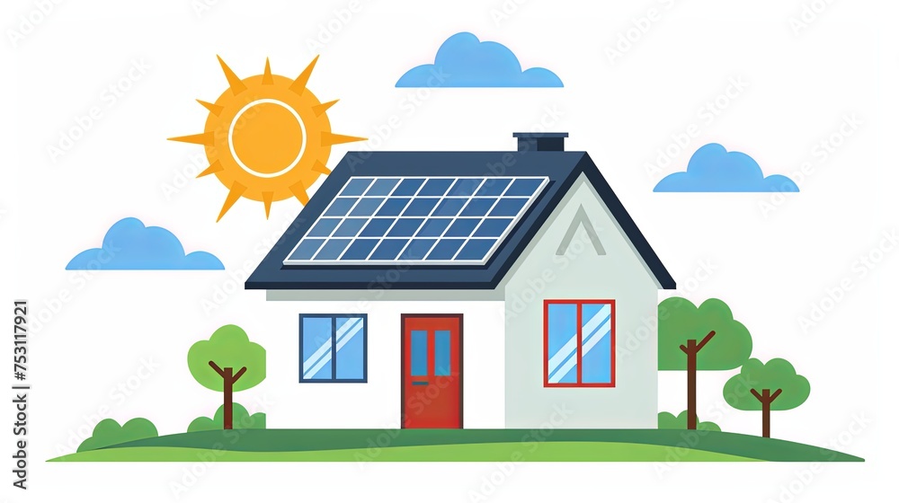 House with  photovoltaic solar panels on roof, Solar panels on the roof and sun,  Flat style. - obrazy, fototapety, plakaty 