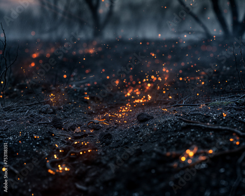 Burning embers and sparks on ash covered ground in a forest photo