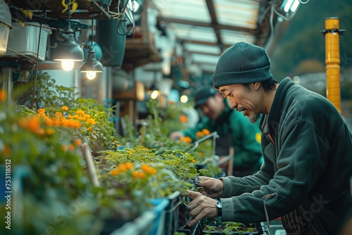 A gardener meticulously caring for flowering plants in an urban nursery setup showcasing city farming
