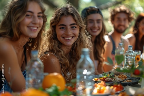 Close-up of a happy young woman at an outdoor table with friends enjoying a meal together