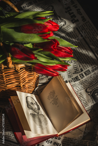 Red tulips in the busket and the book