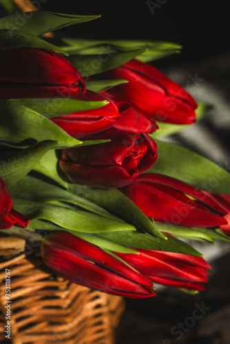 Red tulips in the busket and the book