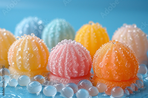 colorful jelly candies pink blue yellow soft marshmallow sweet candy with sprinkled white sugar