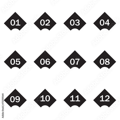 Simple  numbers icon set. Set of 1-12 numbers simple black style symbol sign for apps and website, number bullet point.
