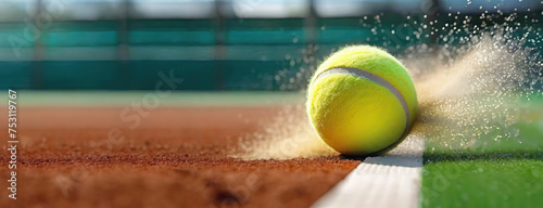 Tennis ball skids on the court leaving a trail of dust near white line. Sports game in movement. Panorama with copy space. © Igor Tichonow