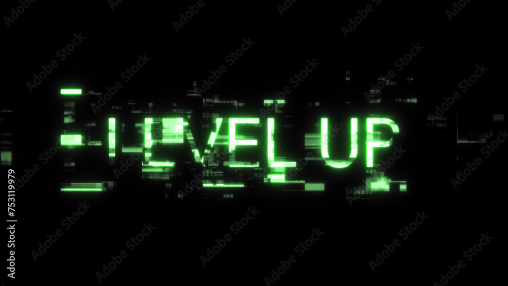 3D rendering level up text with screen effects of technological glitches