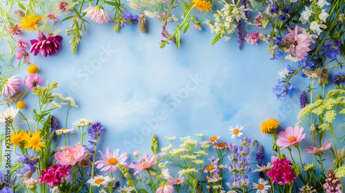 Beautiful multicolored flowers on a blue background, Happy Mother’s Day or Women’s Day greeting card with copy space in the center for your text