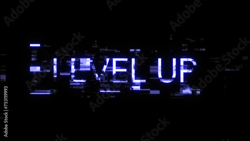 3D rendering level up text with screen effects of technological glitches