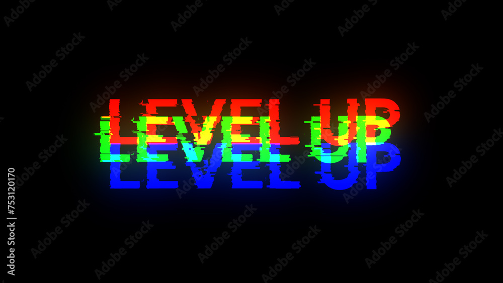 3D rendering level up text with screen effects of technological glitches