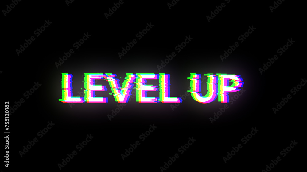 3D rendering level up text with screen effects of technological glitches
