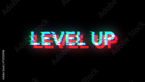 3D rendering level up text with screen effects of technological glitches