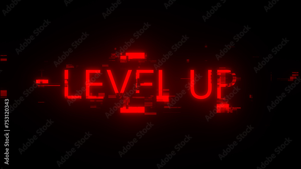 3D rendering level up text with screen effects of technological glitches