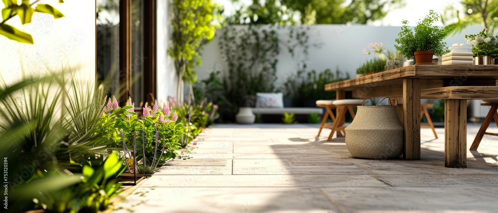 Spring patio of suburban penthouse. Backyard terrace with blooming plants, furniture, couches and lounge chairs. Luxury exterior design mockup. Villa facade. Copy space. Generative ai