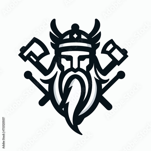 Head of a bearded viking with a formidable face in a helmet with horns Odin vector sticker logo tattoo.