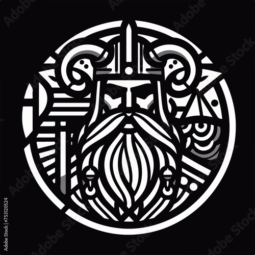 Head of a bearded viking with a formidable face in a helmet with horns Odin vector sticker logo tattoo.