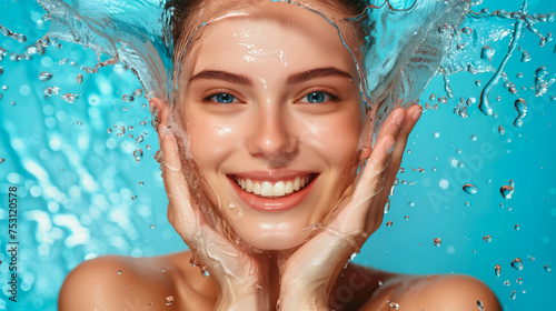 Beautiful smiling girl, face under splashes of water, turquoise background