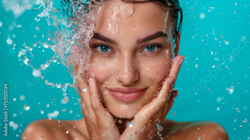 Beautiful smiling girl, face under splashes of water, turquoise background