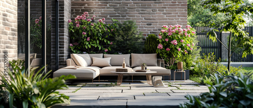 Spring patio of suburban penthouse. Backyard terrace with blooming plants, furniture, couches and lounge chairs. Luxury exterior design mockup. Villa facade. Copy space. Generative ai