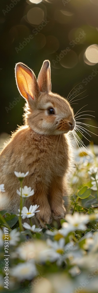 Cute Fluffy Rabbit Hiding in Spring Meadow on Sunny Day Generative AI