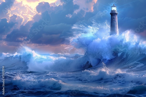 Waves hitting lighthouse on blue background