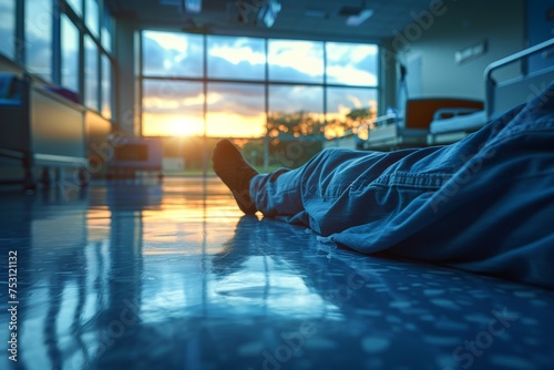 A traveler lays on the floor of an empty airport terminal, catching the vibrant colors of the sunset through the large windows