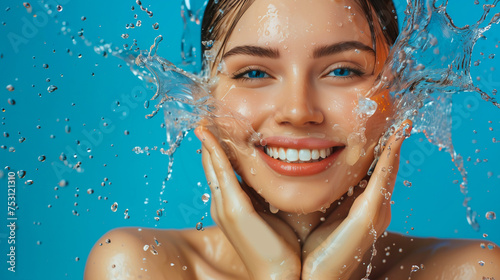 Beautiful smiling girl, face under splashes of water, blue background