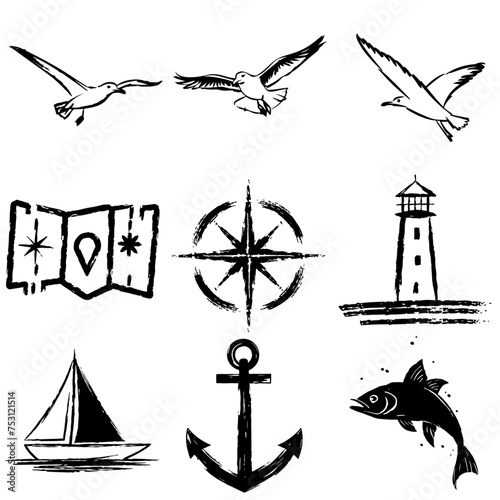 Monochrom Schwarz Seefahrt Symbole: Pinselstrich Vektorgrafik Bundle