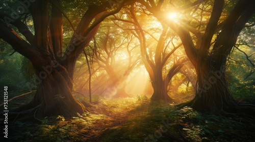 Sun Shining Through Trees in Forest © LabirintStudio