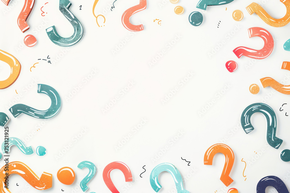 A playful frame of colorful hand-drawn question marks on a clean background, perfect for engaging presentations or educational materials. A playful frame of colorful hand-drawn question marks on a clean background, perfect for engaging presentations or educational materials.