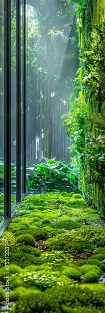 Fototapeta premium Green Office Walls with Artificial Moss and Plants Generative AI