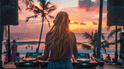Fototapeta Naklejka Na Ścianę i Meble -  beautiful dj woman playing on a mixer on a beach in a beautiful sunset in high resolution and quality