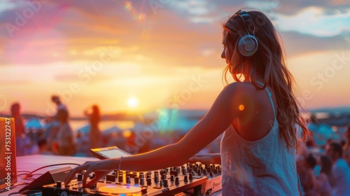 Fototapeta Naklejka Na Ścianę i Meble -  beautiful dj woman playing on a mixer on a beach at a beautiful sunset in high resolution and high quality. music concept, woman, dj, beach, sunset, beach