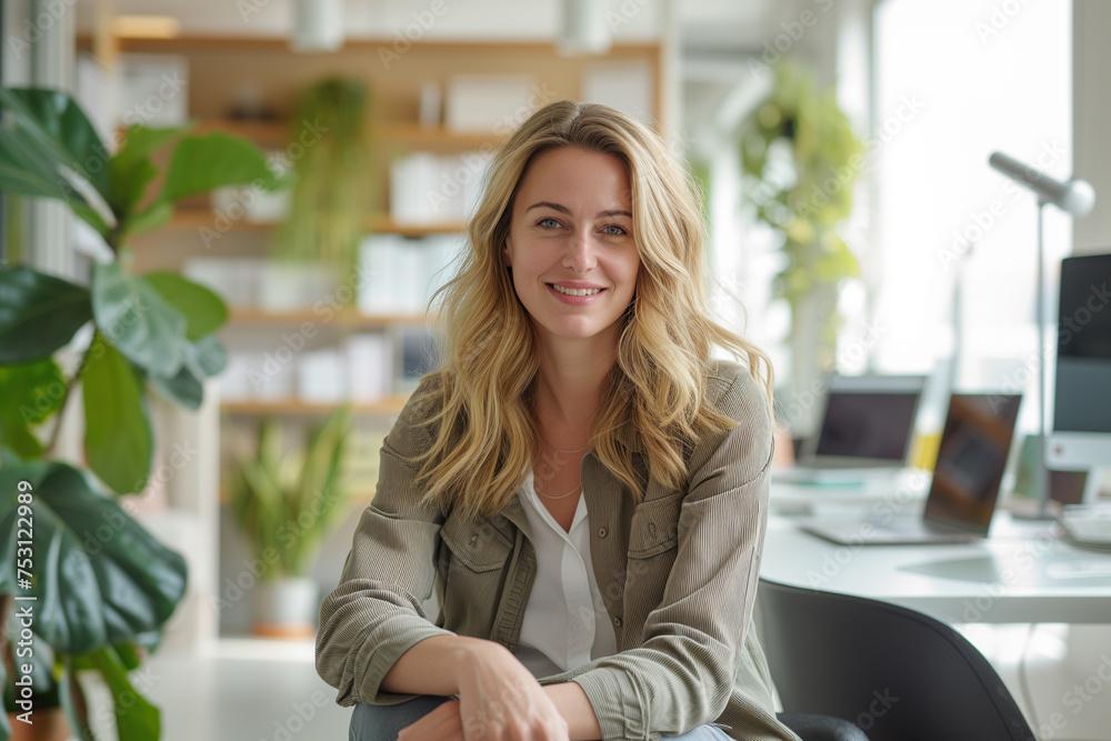 Fototapeta premium Portrait of smiling young businesswoman seated, Happy blonde hair female employee, professional confident woman at modern office, Smiling business woman wallpaper concept, beautiful girl