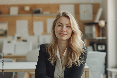 Portrait of smiling young businesswoman with blonde hair, Happy female employee, professional confident woman at modern office, Smiling business woman wallpaper concept, woman wearing blazer in office Free Download Portrait of smiling young businesswoman with blonde hair, Happy female employee, professional confident woman at modern office, Smiling business woman wallpaper concept, woman wearing blazer in office - GFXLoad