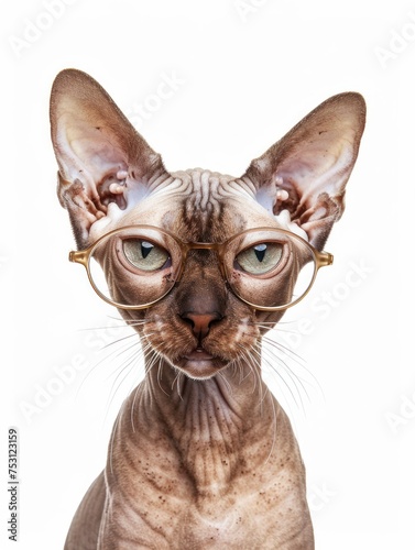 A Sphynx cat wearing round glasses © StasySin