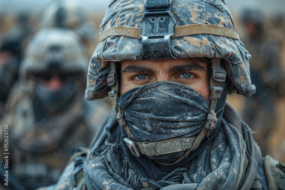 The image depicts a soldier displaying focus and determination while actively engaged in a mission in a challenging outdoor environment