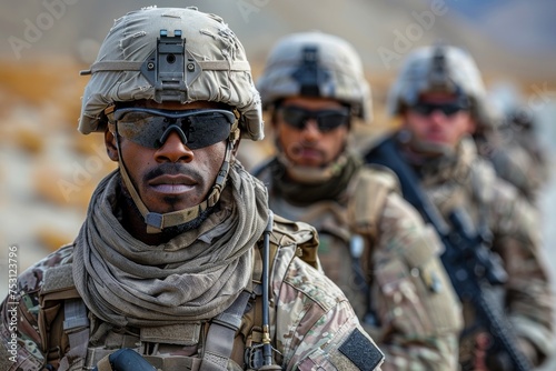 Front view of a determined soldier in tactical gear with sunglasses in a desert environment photo