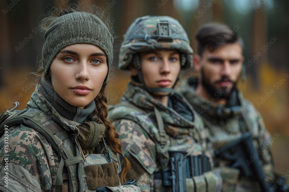 Young woman soldier poised with rifle alongside male soldiers in forest