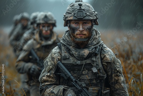 A soldier stands in a rain-drenched field, a powerful representation of resilience and duty regardless of harsh weather conditions photo