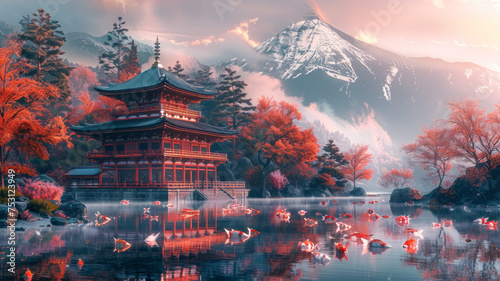 Serene Japanese temple with Mount Fuji, koi, sakura.generative ai photo