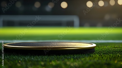 Close up of an empty round gold Platform on a green Pitch. Blurred Sports Background