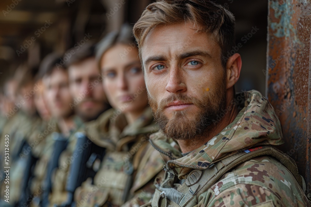 Male soldier in casual pose with reflective gaze, hinting at downtime and a contemplative moment